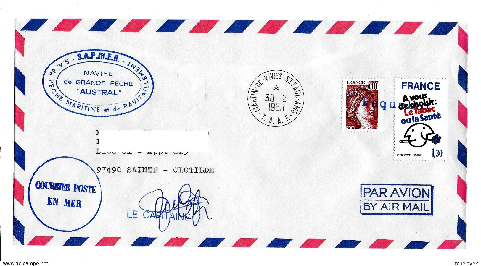 FSAT TAAF " Austral " Sapmer 30.12.1980 SPA T. France (2) - Lettres & Documents