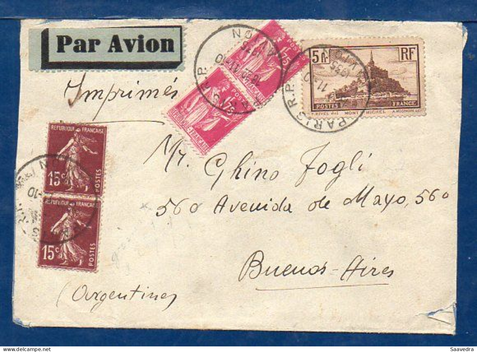 France To Argentina, 1935, Via Air France  (006) - Storia Postale