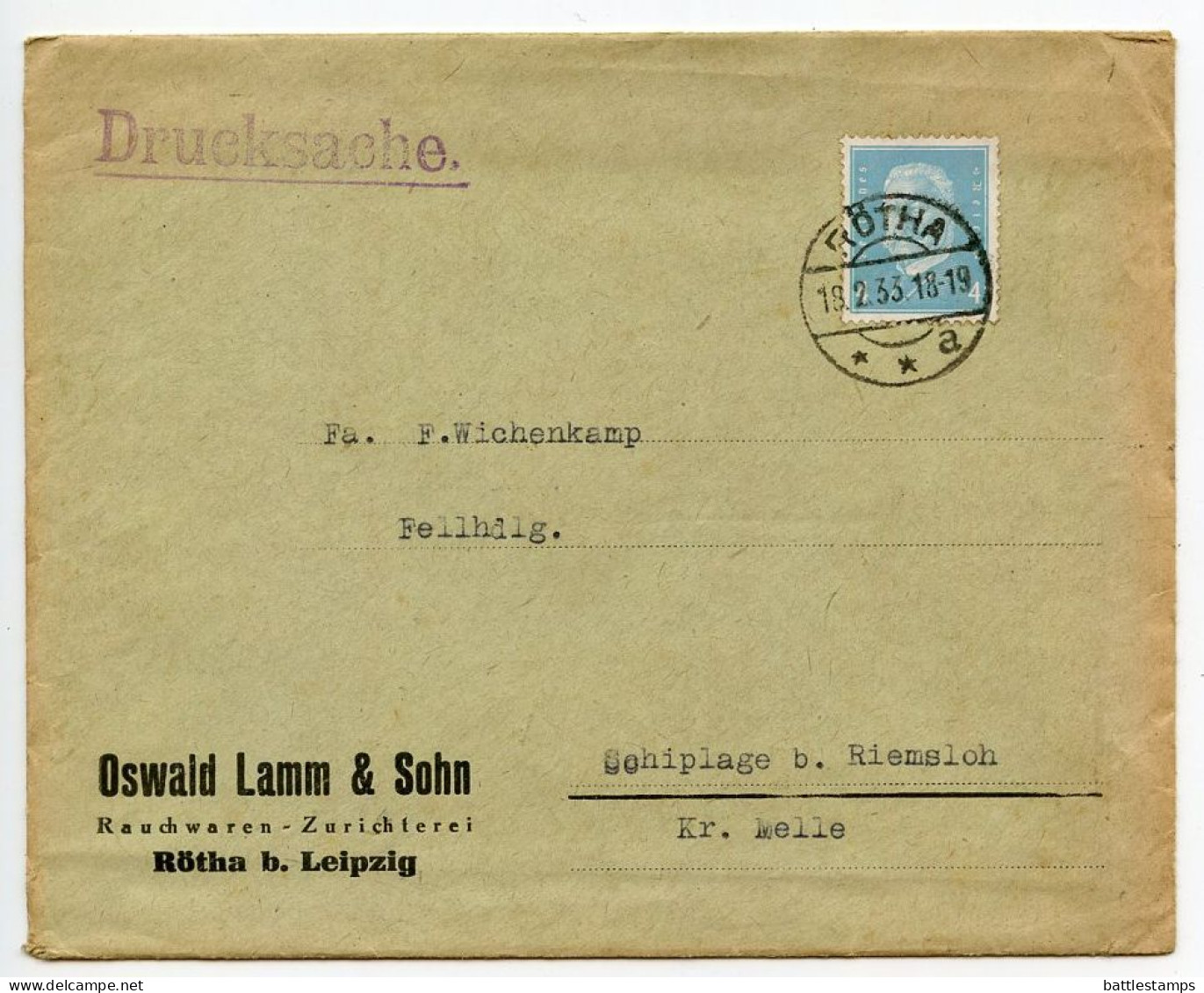 Germany 1933 Cover & Price List; Rötha - Oswald Lamm & Sohn, Rauchwaren-Zurichterei; 4pf. President Hindenburg - Brieven En Documenten