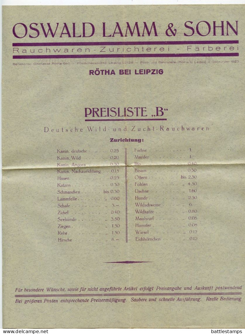 Germany 1933 Cover & Price List; Rötha - Oswald Lamm & Sohn, Rauchwaren-Zurichterei; 4pf. President Hindenburg - Brieven En Documenten