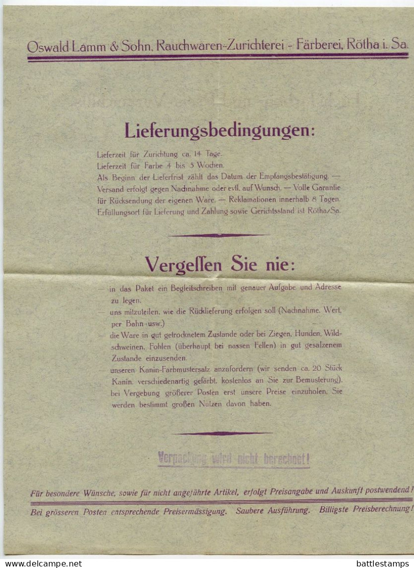 Germany 1933 Cover & Price List; Rötha - Oswald Lamm & Sohn, Rauchwaren-Zurichterei; 4pf. President Hindenburg