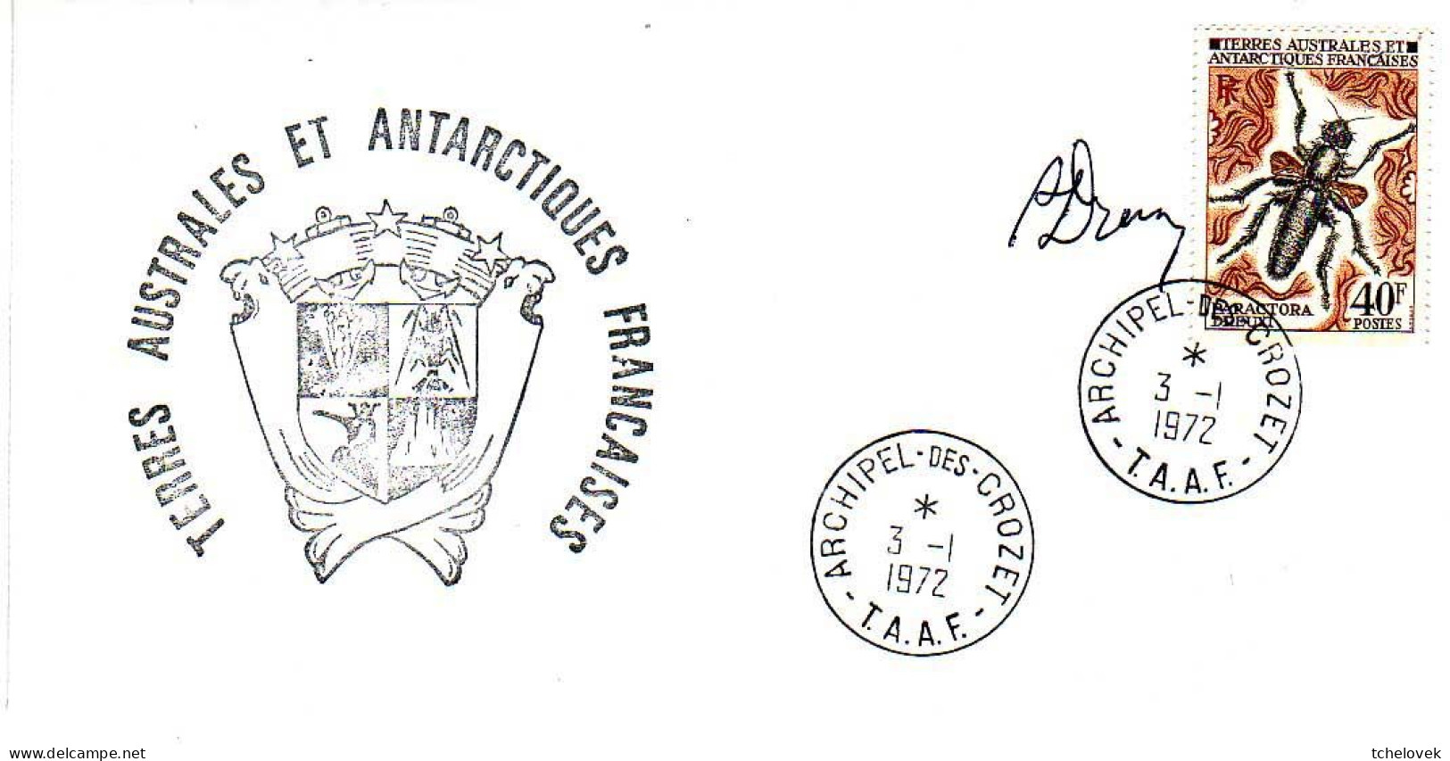 FSAT TAAF Pli Navire Ravitailleur. Paquebot Gallieni. 03.01.1972 Crozet. Insecte - Briefe U. Dokumente