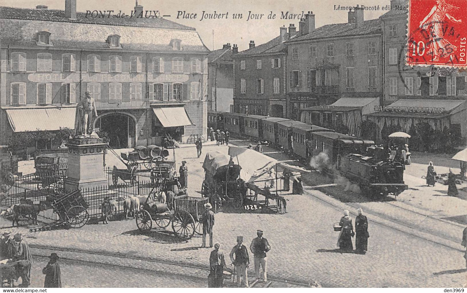 PONT-de-VAUX (Ain) - Place Joubert Un Jour De Marché - Tramway - Voyagé 1909 (2 Scans) - Pont-de-Vaux