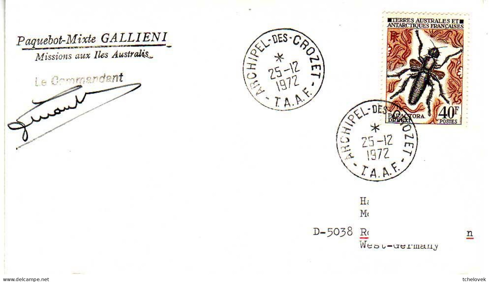 FSAT TAAF Pli Navire Ravitailleur. Paquebot Gallieni. 25.12.1972 Crozet. Insecte - Briefe U. Dokumente