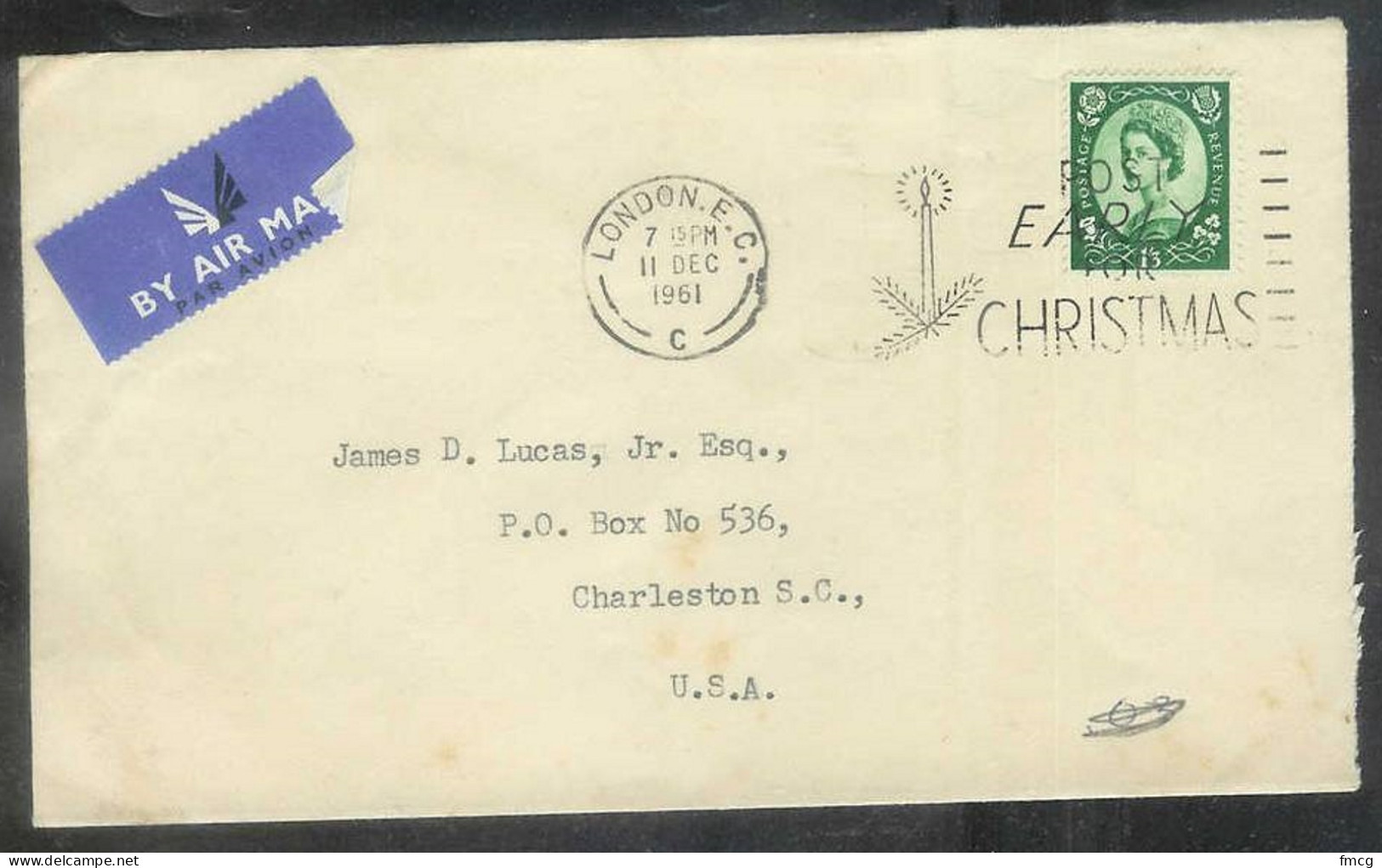1961 London Christmas Cancel (11 Dec) To Charleston SC - Lettres & Documents