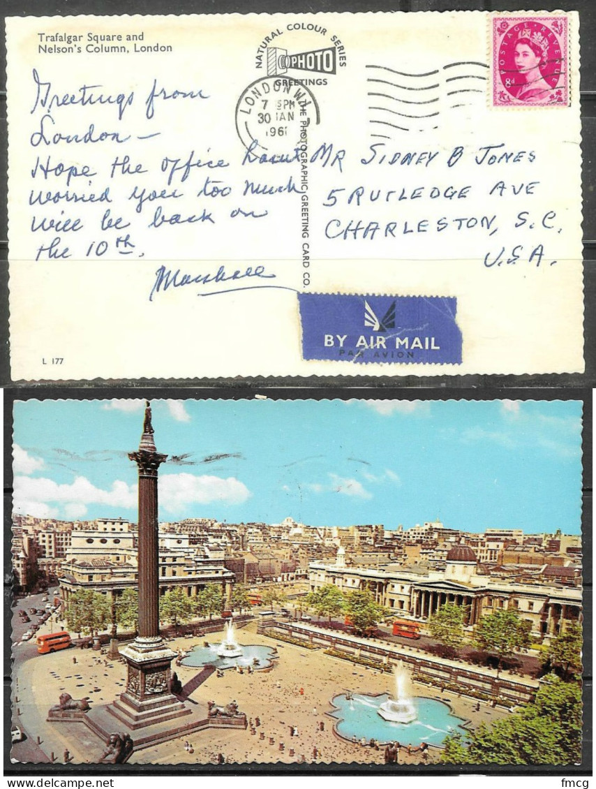 1967 Elizabeth 8p, London (30 Jan) Picture Postcard To Charleston SC USA - Lettres & Documents