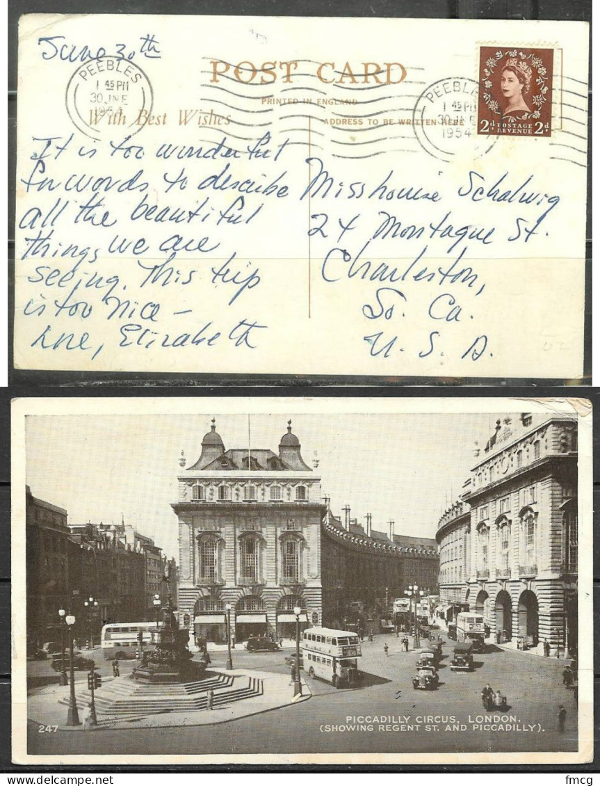 1954 Elizabeth 2p On Picture Postcard Peebles To Charleston SC USA - Lettres & Documents