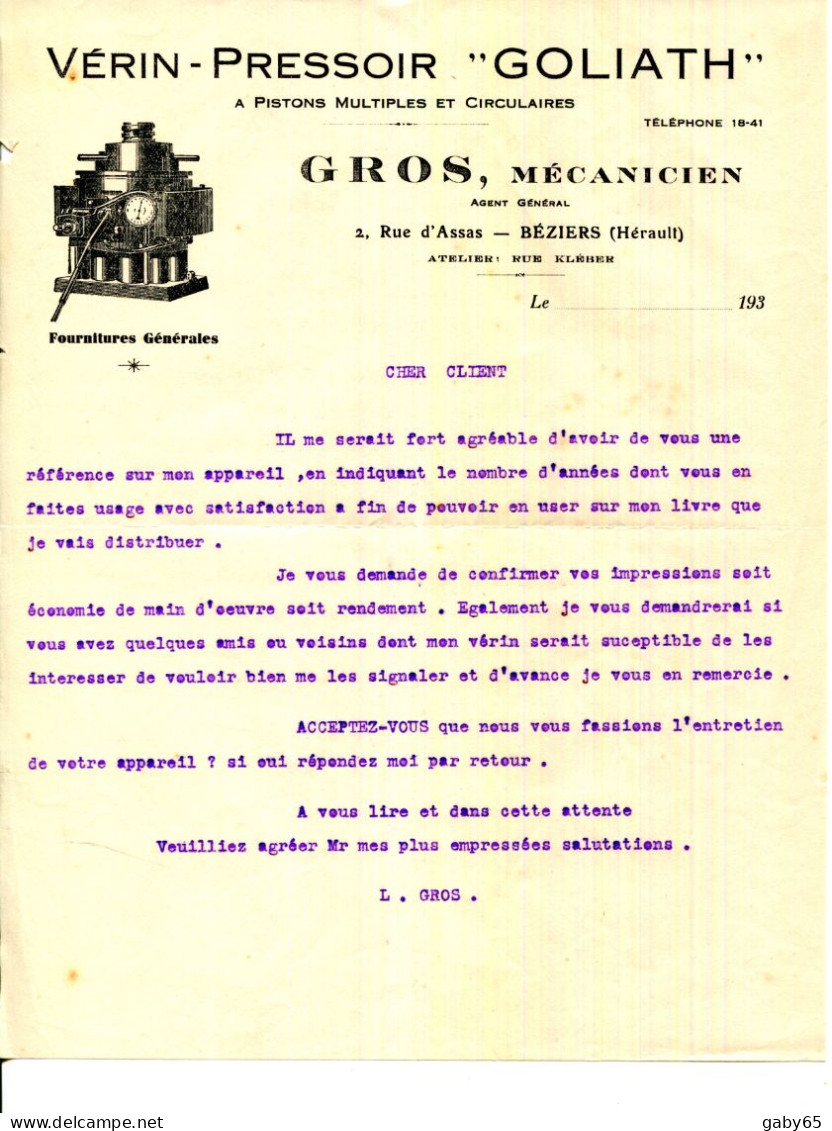 FACTURE.34.HÉRAULT.BEZIERS.VERIN-PRESSOIR " GOLIATH " GROS MÉCANICIEN 2 RUE D'ASSAS. - Autres & Non Classés