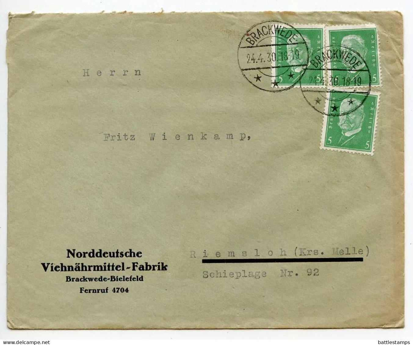 Germany 1930 Cover; Brackwede - Norddeutsche Viehnahmittel-Fabrik; 5pf. President Hindenburg X 3 - Cartas & Documentos