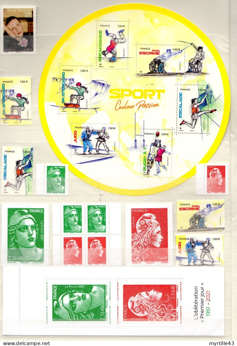 VENDU A LA FACIALE - Tous les timbres et blocs gommés de l'année 2021 incluant le bloc St Exupery 1er tirage et 7€ or