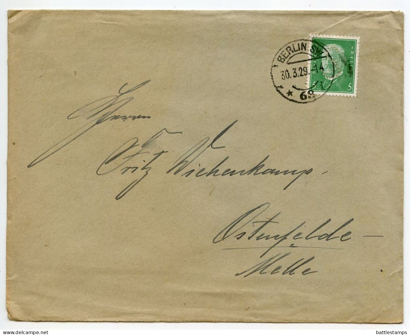 Germany 1929 Cover; Berlin To Osterfelde; 5pf. President Hindenburg - Cartas & Documentos