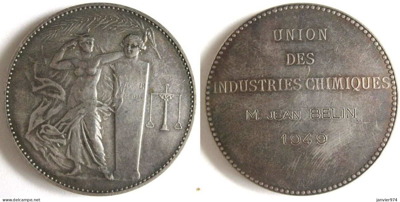 Médaille En Argent Massif Lavoisier Union Des Industries Chimiques, Attribué En 1949 à J. Belin, Nue - Other & Unclassified