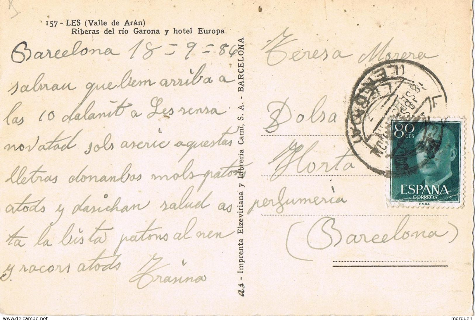 54953. Postal LÉS (Lerida) 1956. Vista  De Lés, Vall D'Aran. Rio Garona Y Hotel Europa - Briefe U. Dokumente