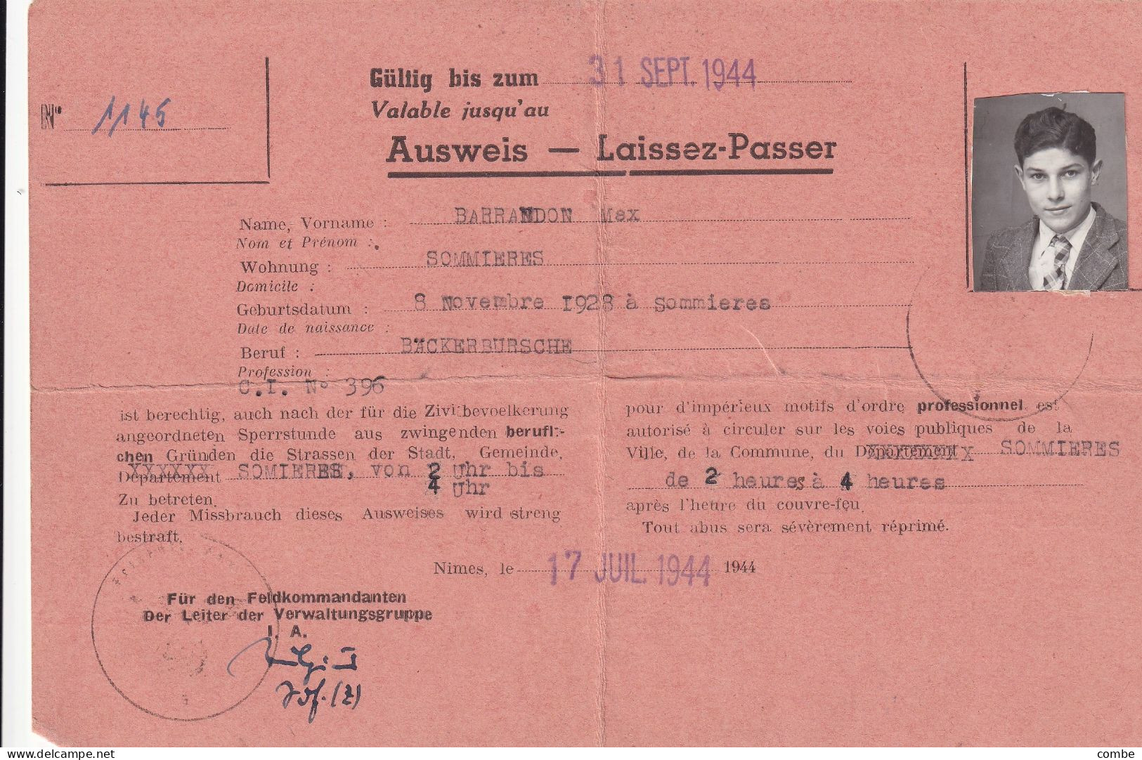 . AUSWEIS-LAISSER PASSER. SOMMIERES. PATISSER. 17 JUIL 1944 A NIMES - Guerre De 1939-45