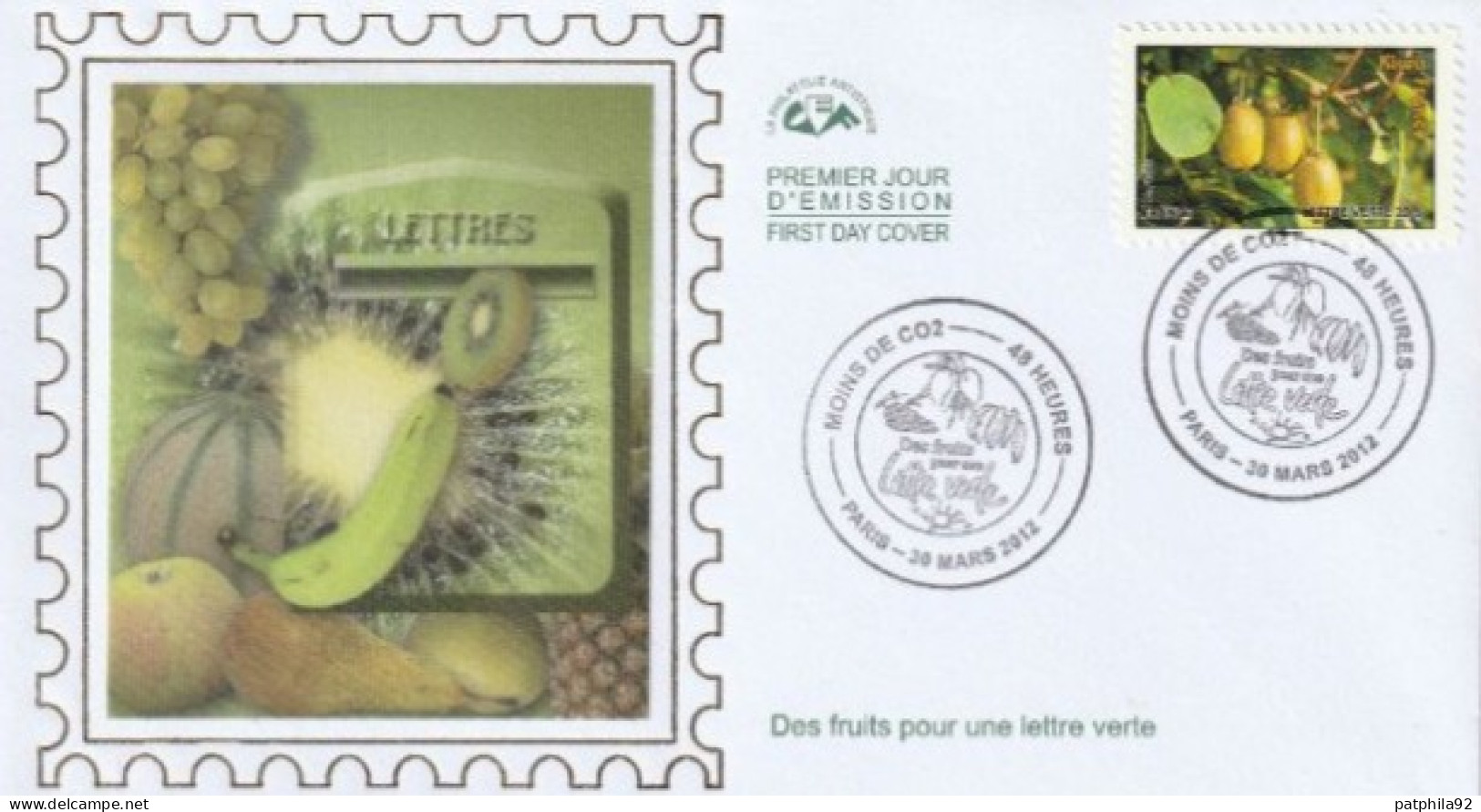 FDC 2012_Envel. 1er Jour_fdc_soie_Des Fruits Pour Une Lettre Verte, Kiwis France. (adh. 690). PJ Paris 30/03/12. - 2010-2019