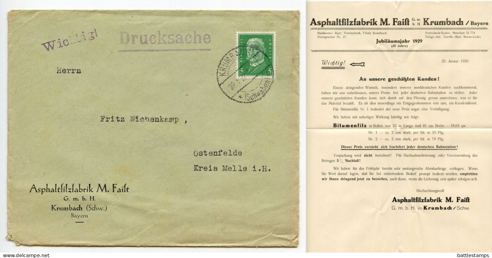 Germany 1929 Cover & Advertisement; Krumbach (Schwaben) - Asphaltfilzfabrik M. Failt G.m.b.H.; 5pf. President Hindenburg - Covers & Documents