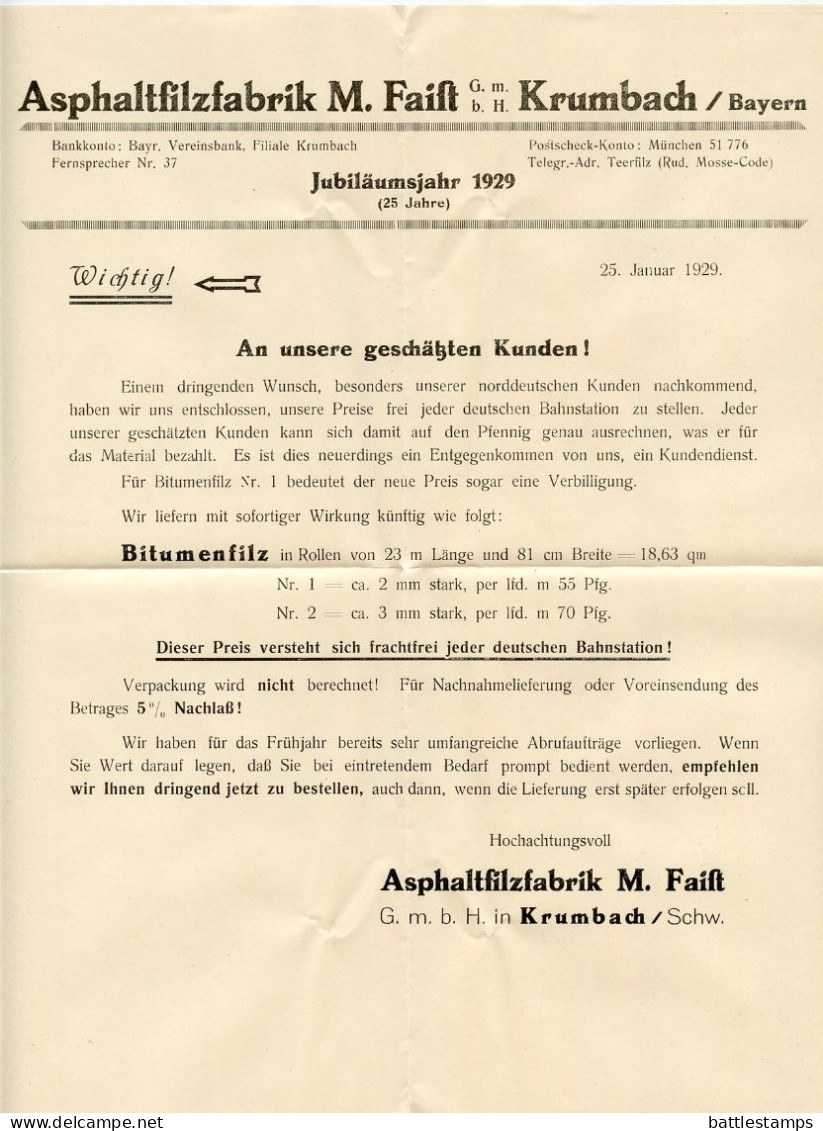 Germany 1929 Cover & Advertisement; Krumbach (Schwaben) - Asphaltfilzfabrik M. Failt G.m.b.H.; 5pf. President Hindenburg - Covers & Documents