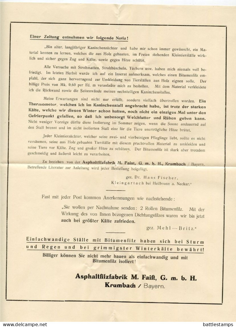 Germany 1929 Cover & Advertisement; Krumbach (Schwaben) - Asphaltfilzfabrik M. Failt G.m.b.H.; 5pf. President Hindenburg - Covers & Documents