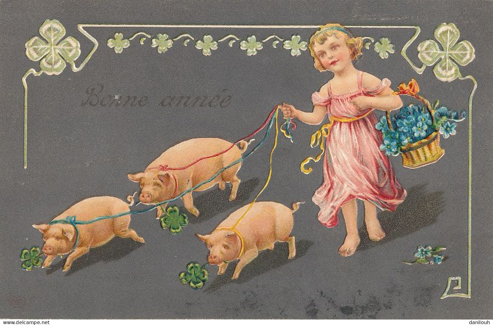 BONNE ANNEE    Fillette Et Trois Cochons / Trefles A 4 Feuilles   Carte Gauffrée - New Year