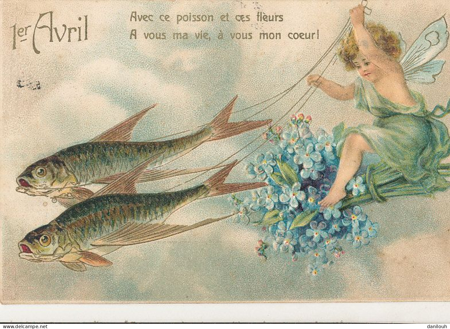 1 Er Avril   ANGELOT   Avec Ce Poisson Et Ces Fleurs….  CARTE GAUFFREE - 1er Avril - Poisson D'avril