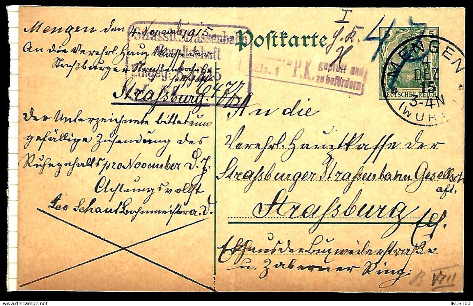 ENTIER POSTAL DE MENGEN WÜRTEMBERG - 1915 - POUR STRASBOURG - GANZSACHE  - Covers & Documents