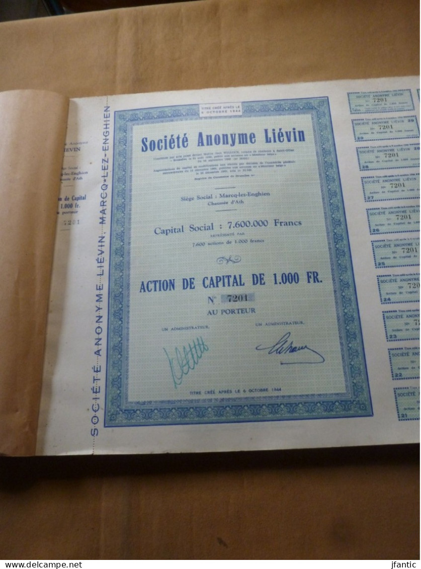 Société Anonyme Liévin, Marck Lez Enghien, 99 Actions Et Coupons, Titre Créé Après Le 6 Octobre 1944, Carnets Actions - Industrie