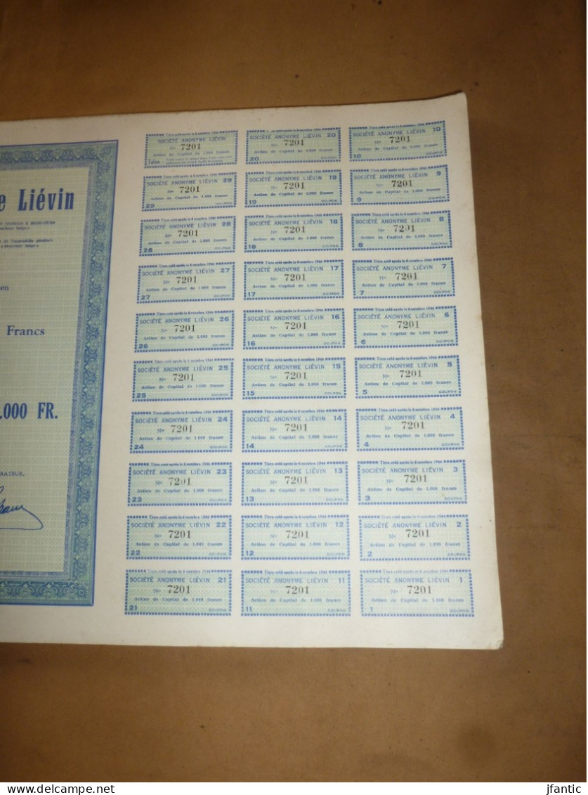 Société Anonyme Liévin, Marck Lez Enghien, 99 Actions Et Coupons, Titre Créé Après Le 6 Octobre 1944, Carnets Actions - Industry