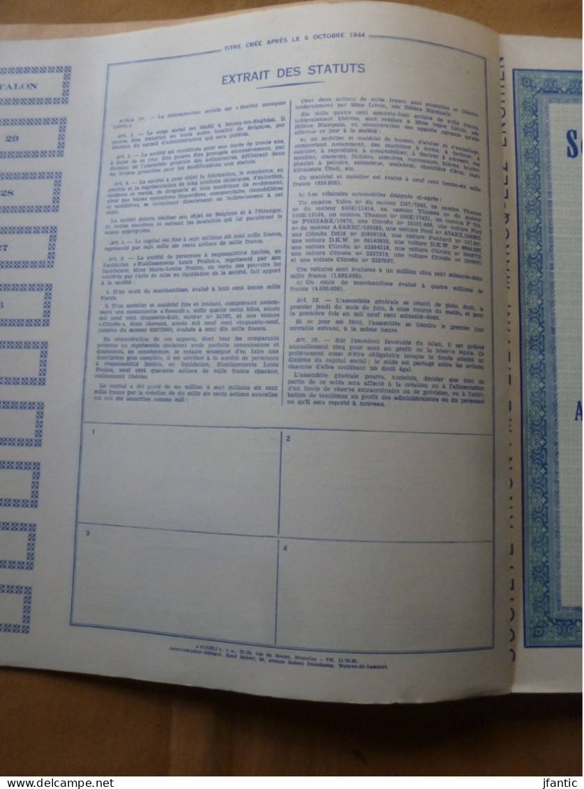 Société anonyme Liévin, Marck lez Enghien, 99 actions et coupons, titre créé après le 6 octobre 1944, carnets actions