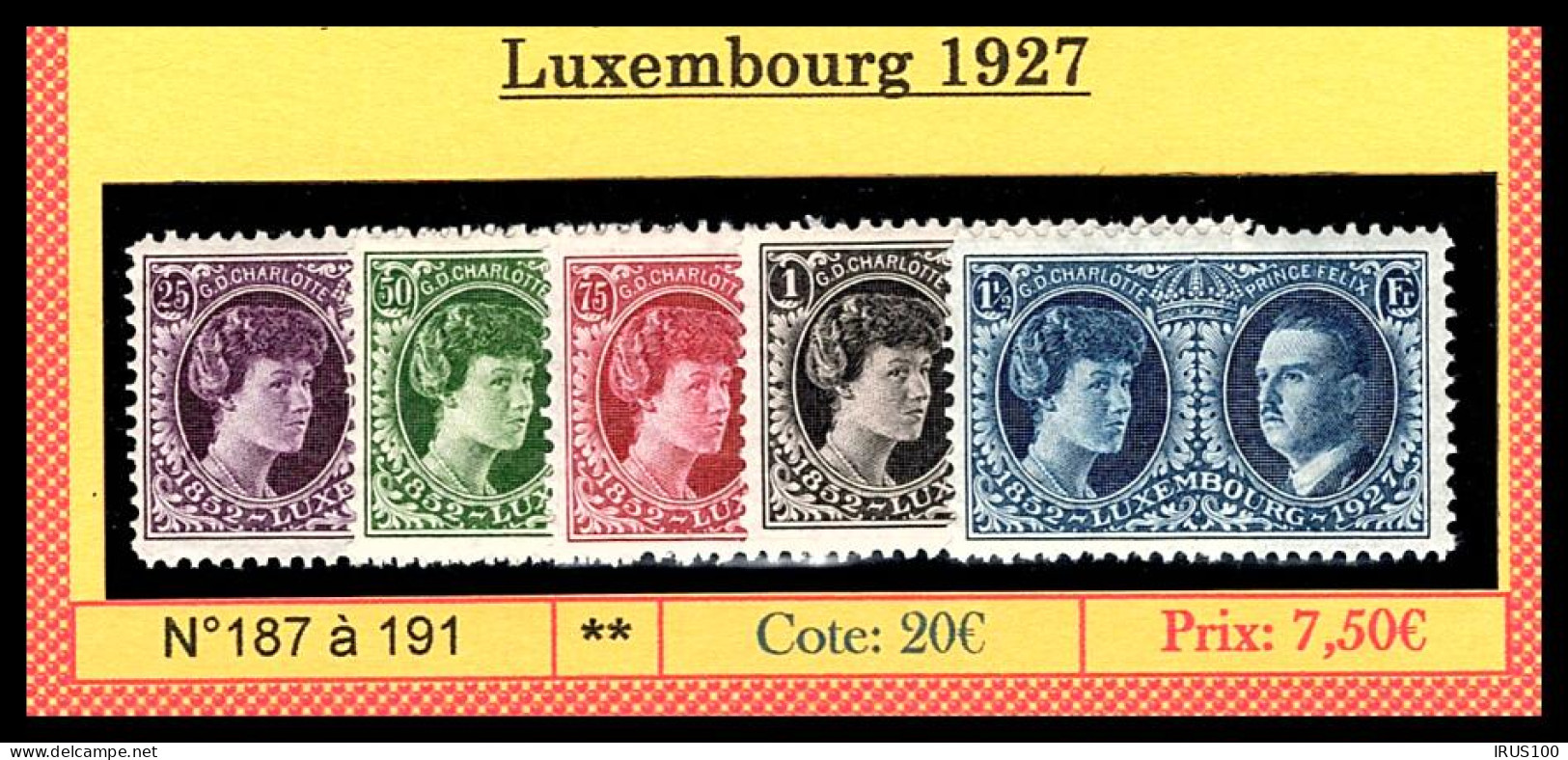 LUXEMBOURG Y.T N° 187 à 191 ** MNH - 1926-39 Charlotte De Profil à Droite