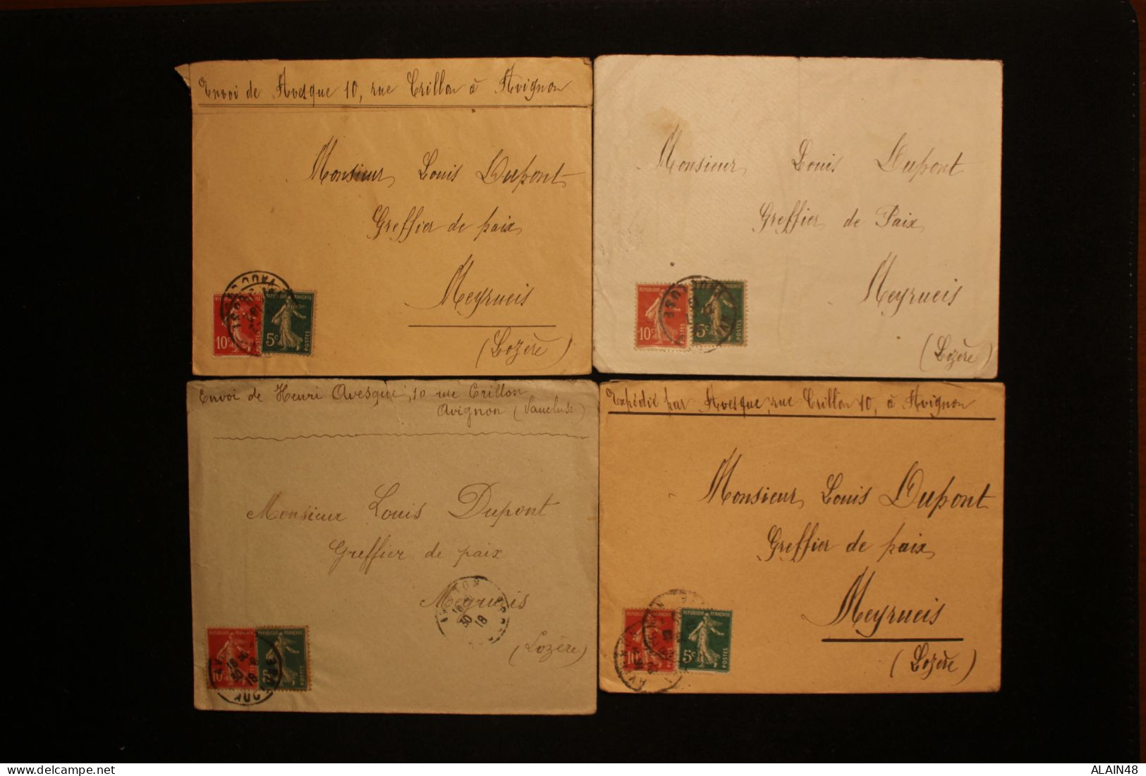 FRANCE LOT DE 4 LETTRES POUR MEYRUEIS (LOZERE) AVEC N°135 10c Rouge SEMEUSE FOND PLEIN ET N°135 5c Vert - Covers & Documents