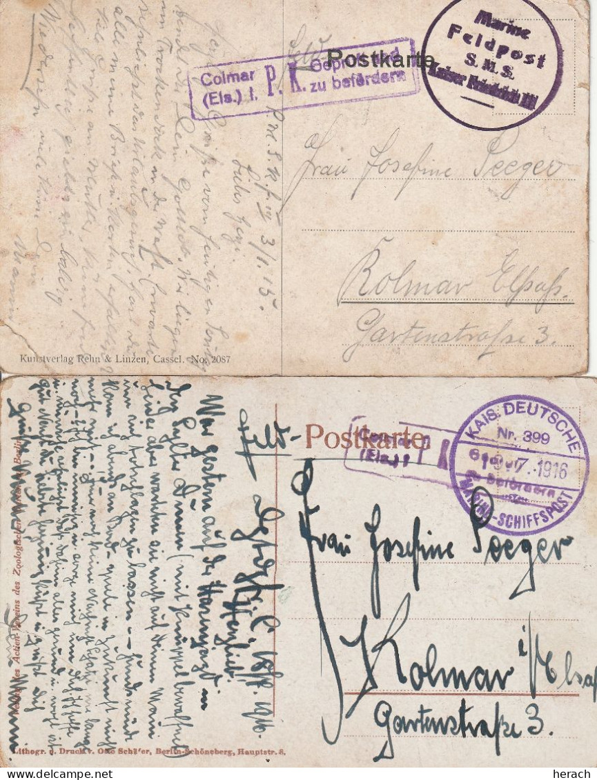 Allemagne 2 Cartes Feldpost Cachets Maritimes Différents Censure Colmar 1915 - Feldpost (postage Free)
