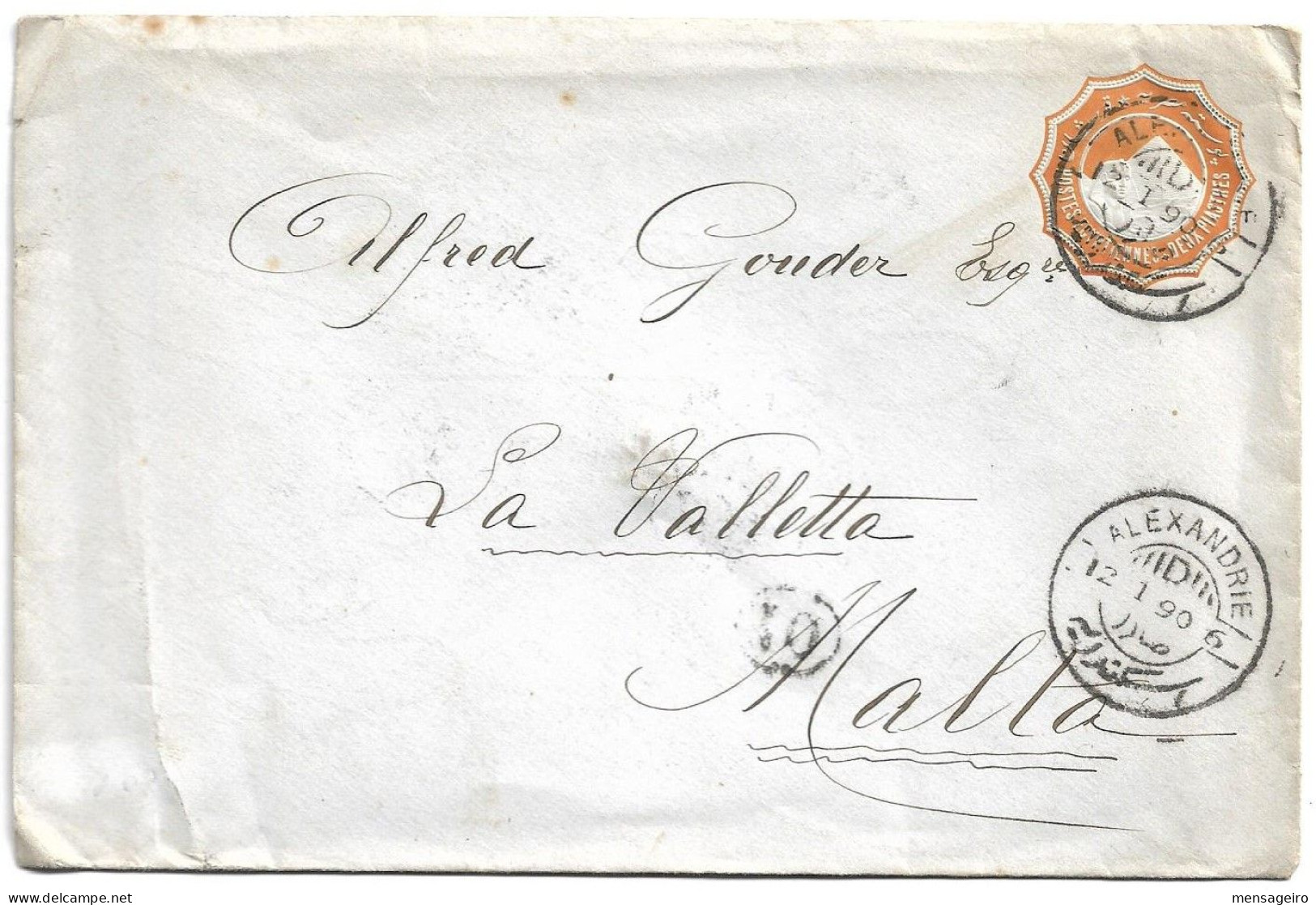 (C05) 2P. STATIONERY COVER ALEXANDRIE => MALTA 1890 - 1866-1914 Khedivate Of Egypt
