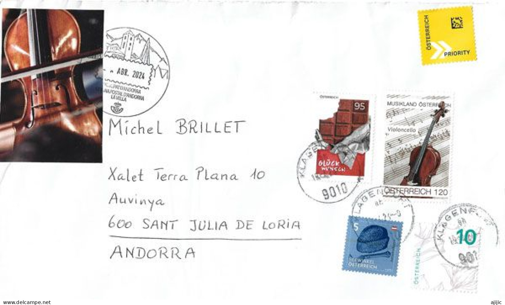 2024. Stamp "Musikland Österreich": , Letter To Andorra, With Arrival Illustrated Postmark - Lettres & Documents