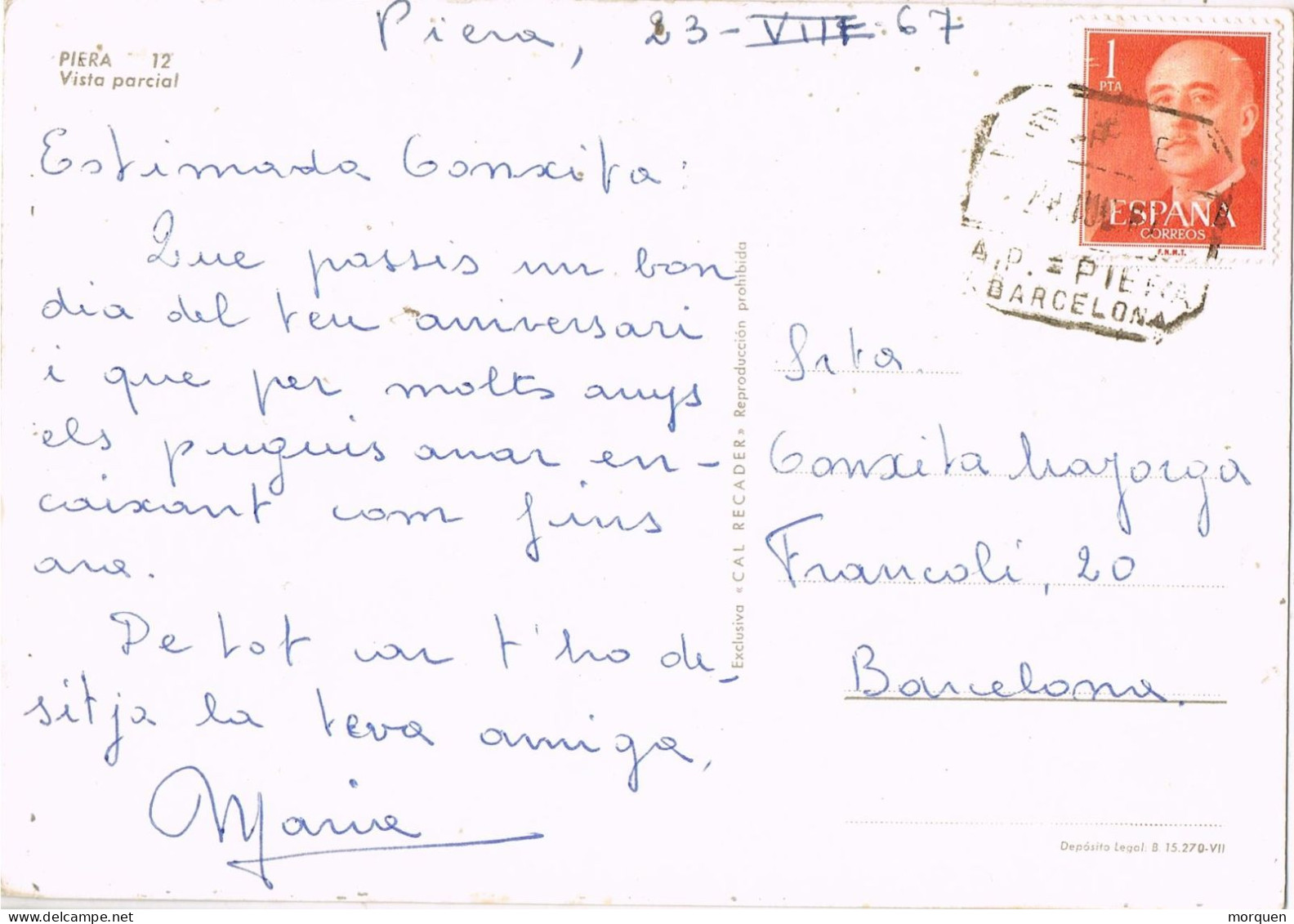 54956. Postal PIERA (Barcelona) 1967. Fechador A.P. Agencia Postal. Vista General De Piera - Lettres & Documents