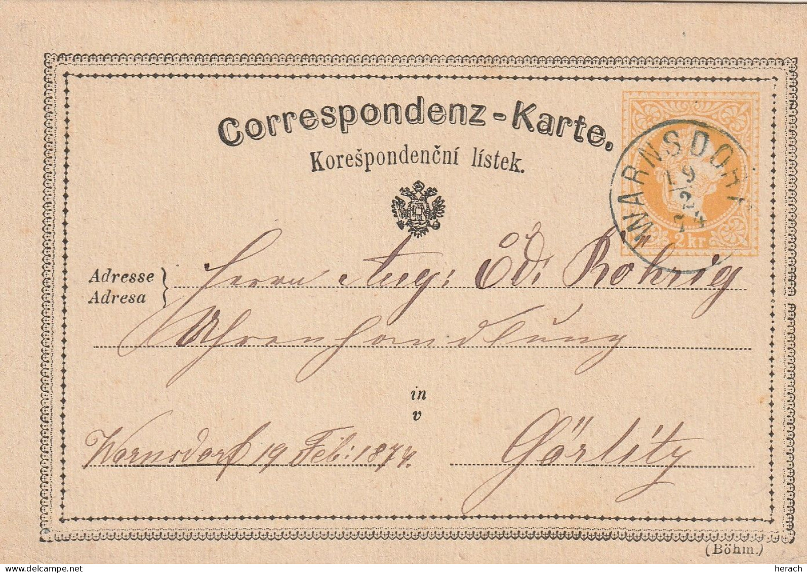 Autriche Entier Postal Warnsdorf 1874 - Tarjetas