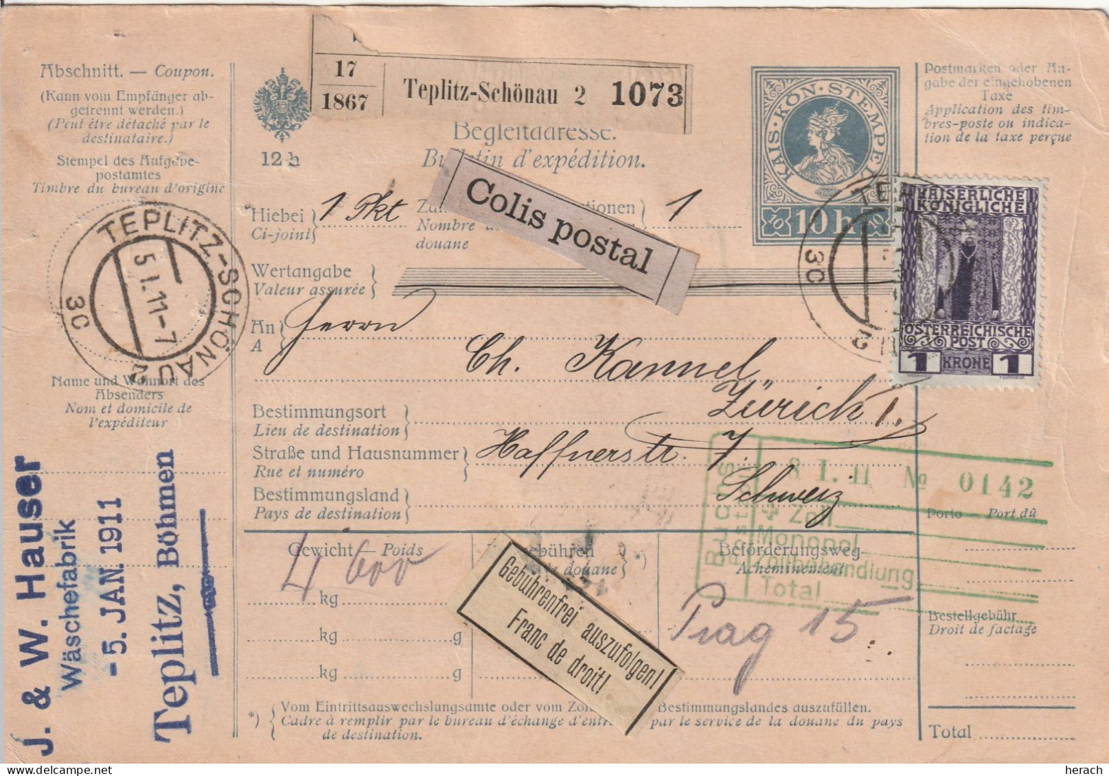 Autriche Bulletin D'expédition Teplitz - Schönau Pour La Suisse 1911 - Brieven En Documenten