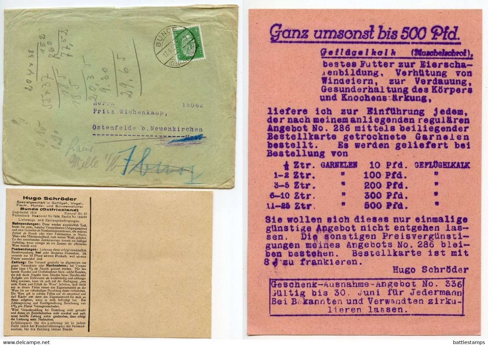 Germany 1929 Cover & Advertisement / Price List; Bunde - Hugo Schröder, Animal & Dog Food; 5pf. President Hindenburg - Cartas & Documentos