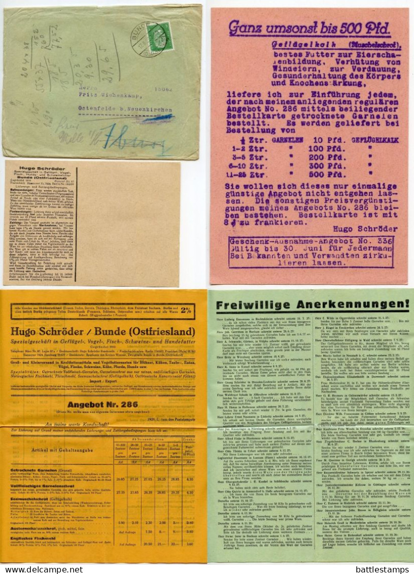 Germany 1929 Cover & Advertisement / Price List; Bunde - Hugo Schröder, Animal & Dog Food; 5pf. President Hindenburg - Cartas & Documentos