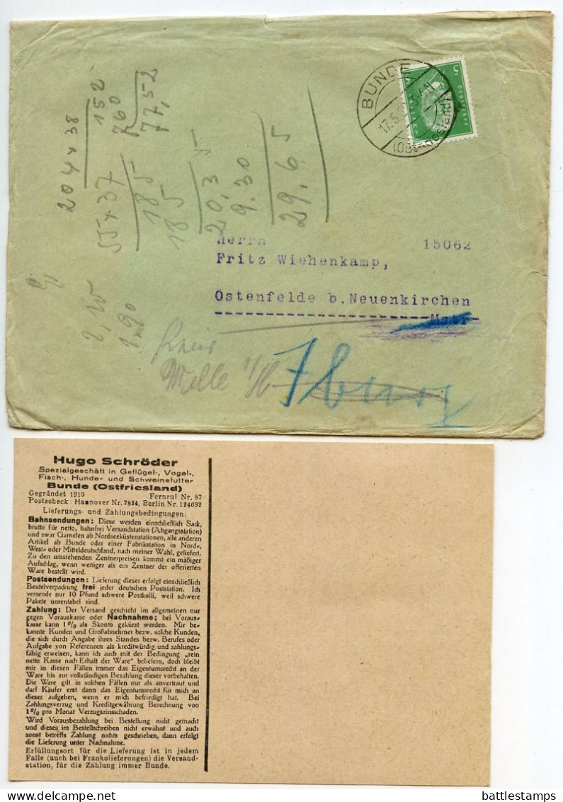 Germany 1929 Cover & Advertisement / Price List; Bunde - Hugo Schröder, Animal & Dog Food; 5pf. President Hindenburg - Lettres & Documents