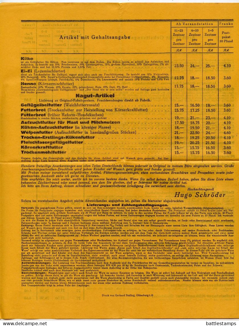 Germany 1929 Cover & Advertisement / Price List; Bunde - Hugo Schröder, Animal & Dog Food; 5pf. President Hindenburg
