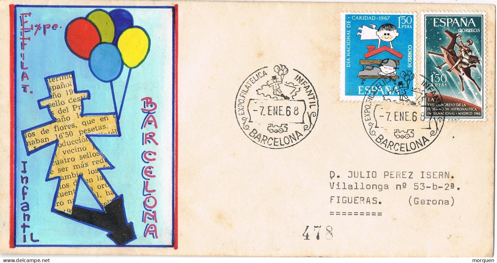 54957. Carta BARCELONA 1968. EXposicion Filatelica Infantil. Dibujo Exclusivo - Lettres & Documents