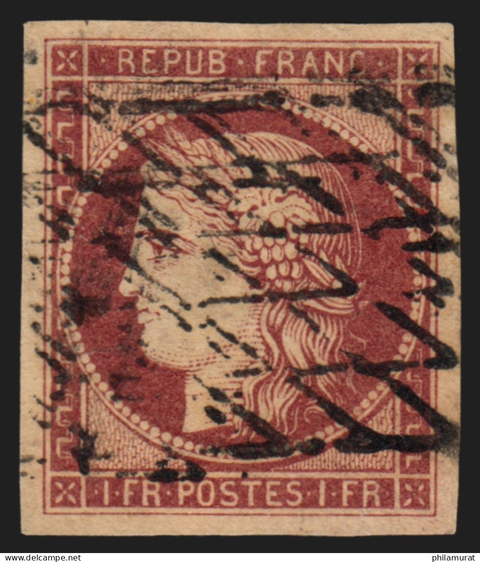 N°6, Cérès 1fr Carmin, Oblitéré Grille Sans Fin, Signé JF.BRUN - TB - 1849-1850 Ceres