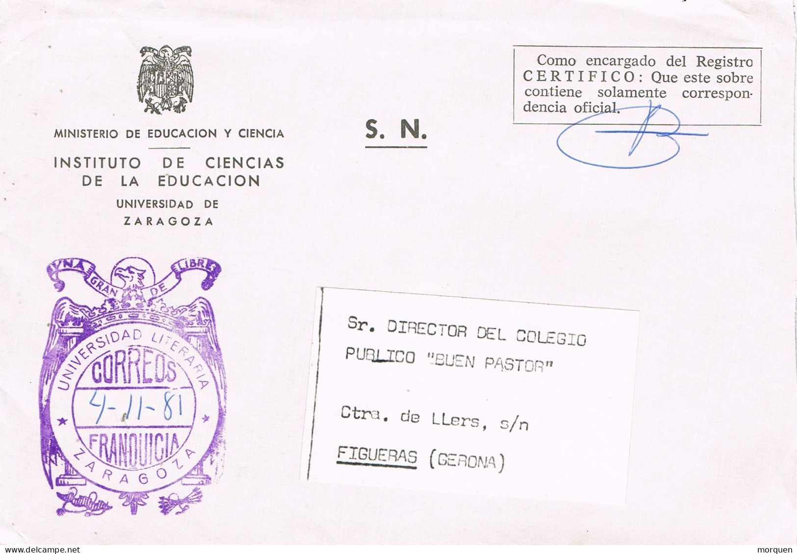 54958. Carta ZARAGOZA 1981. Franquicia UNIVERSIDAD LITERARIA, Educacion Universidad - Storia Postale