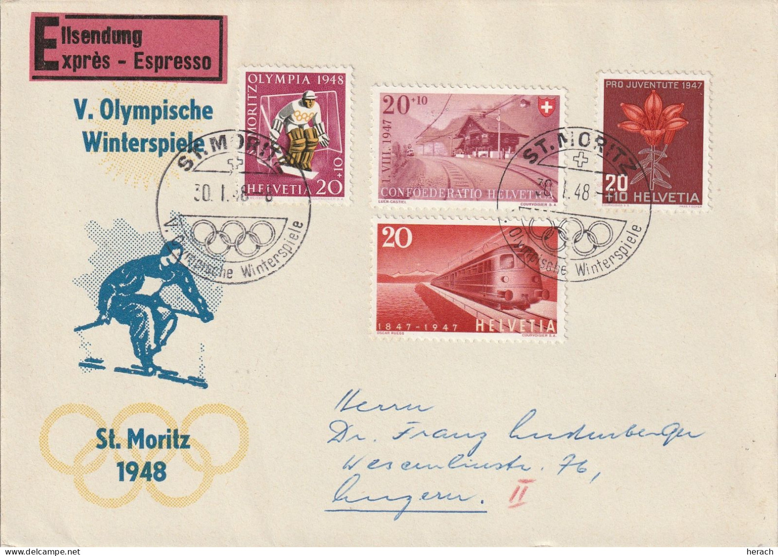 Suisse Lettre Jeux Olympiques St Moritz 1948 - Poststempel