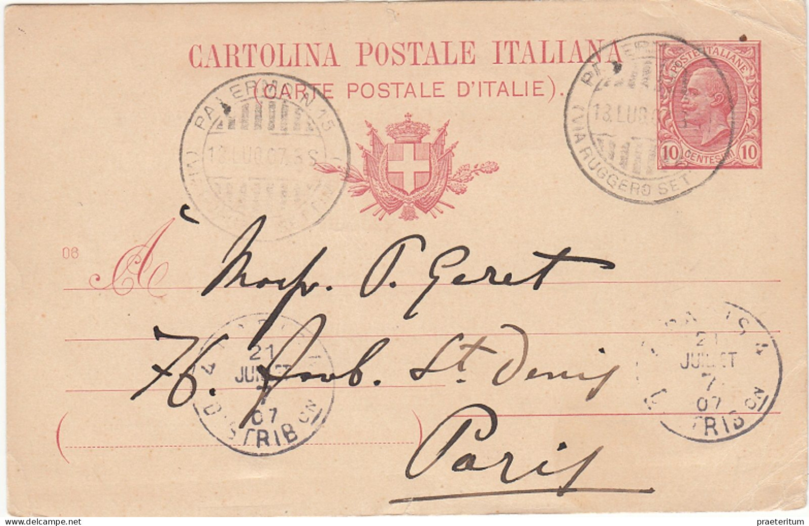 ITALIA Lettera Palermo Via Ruggero Set, 14 Lug. 1907 A Paris - Marcophilie