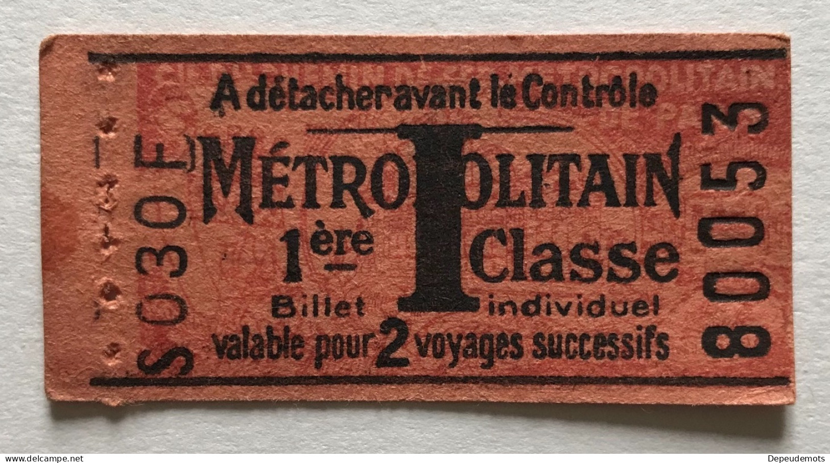 Ticket Ancien Métro - 1ère Classe - Métropolitain - Billet Individuel 2 Voyages - S 030 F - N°80053 - PARIS - Europe