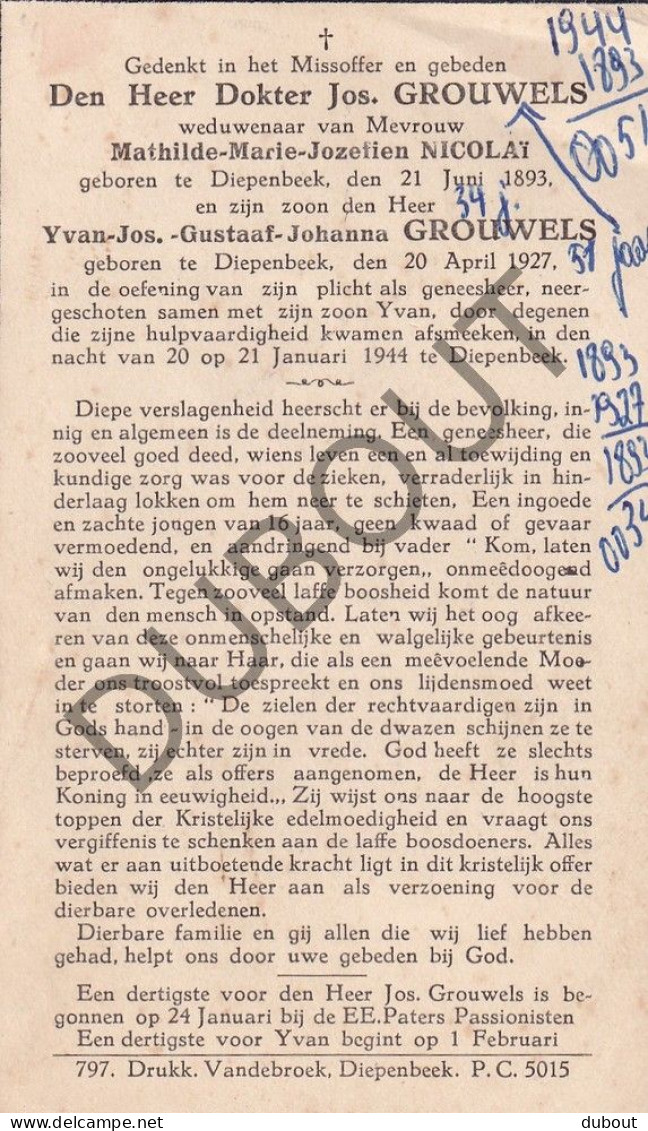 WOII Diepenbeek - Dr J. Grouwels 1893-1944 En Zoon Y. Grouwels 1927-1944  (F564) - Todesanzeige