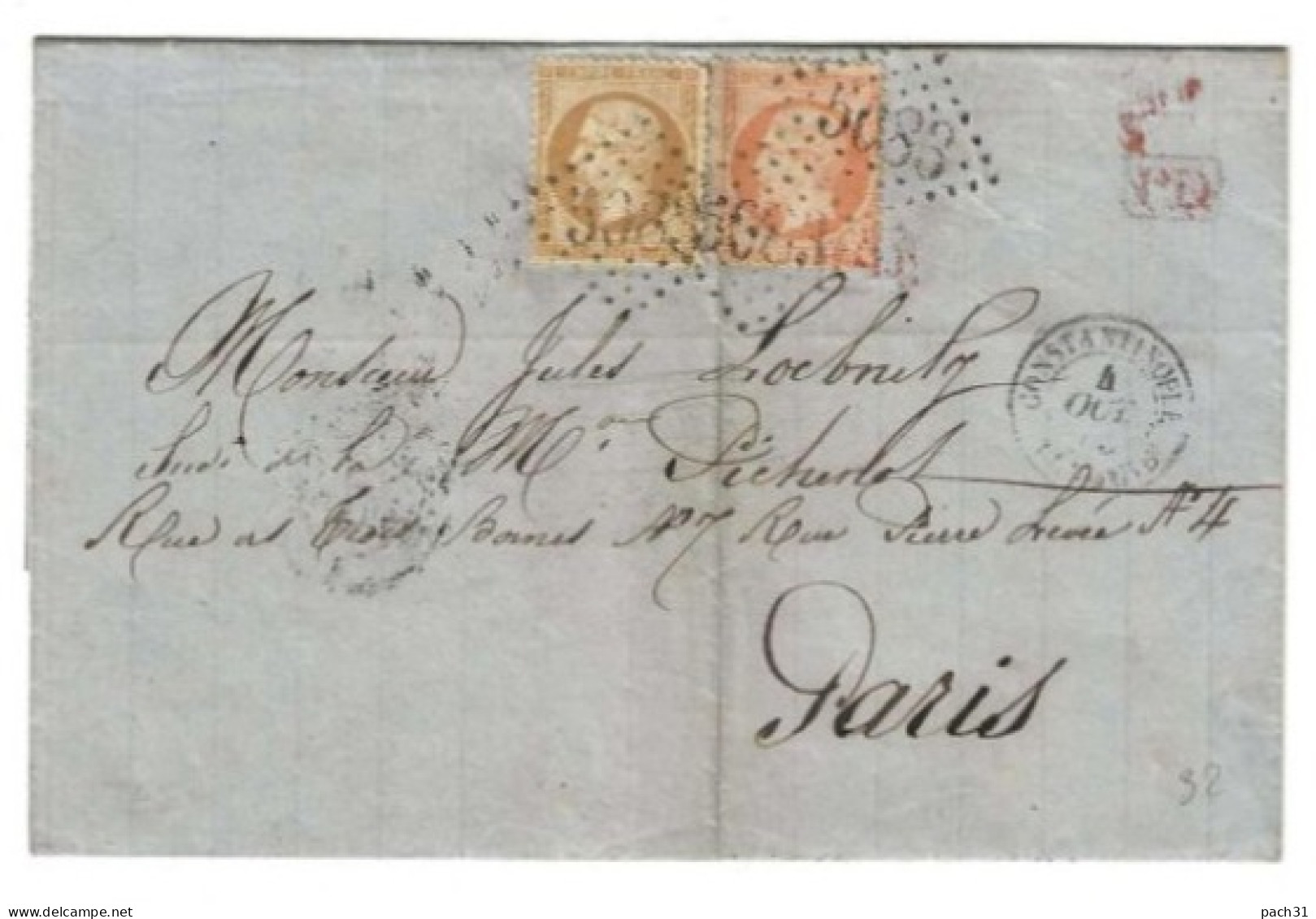 N° YT 21 Et 23 Sur Lettre De Constantinople Pour Paris 1865 Cachet PD Rouge - 1862 Napoleone III