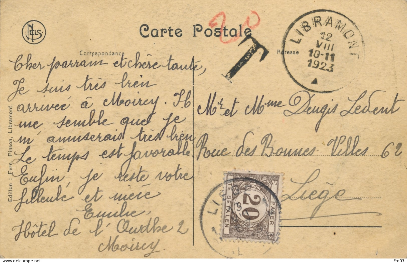 Carte Vue Jenneville – Moirey, Libramont 12 VII 1923 – Sans Timbre – Taxé 20c à Liège  - Storia Postale