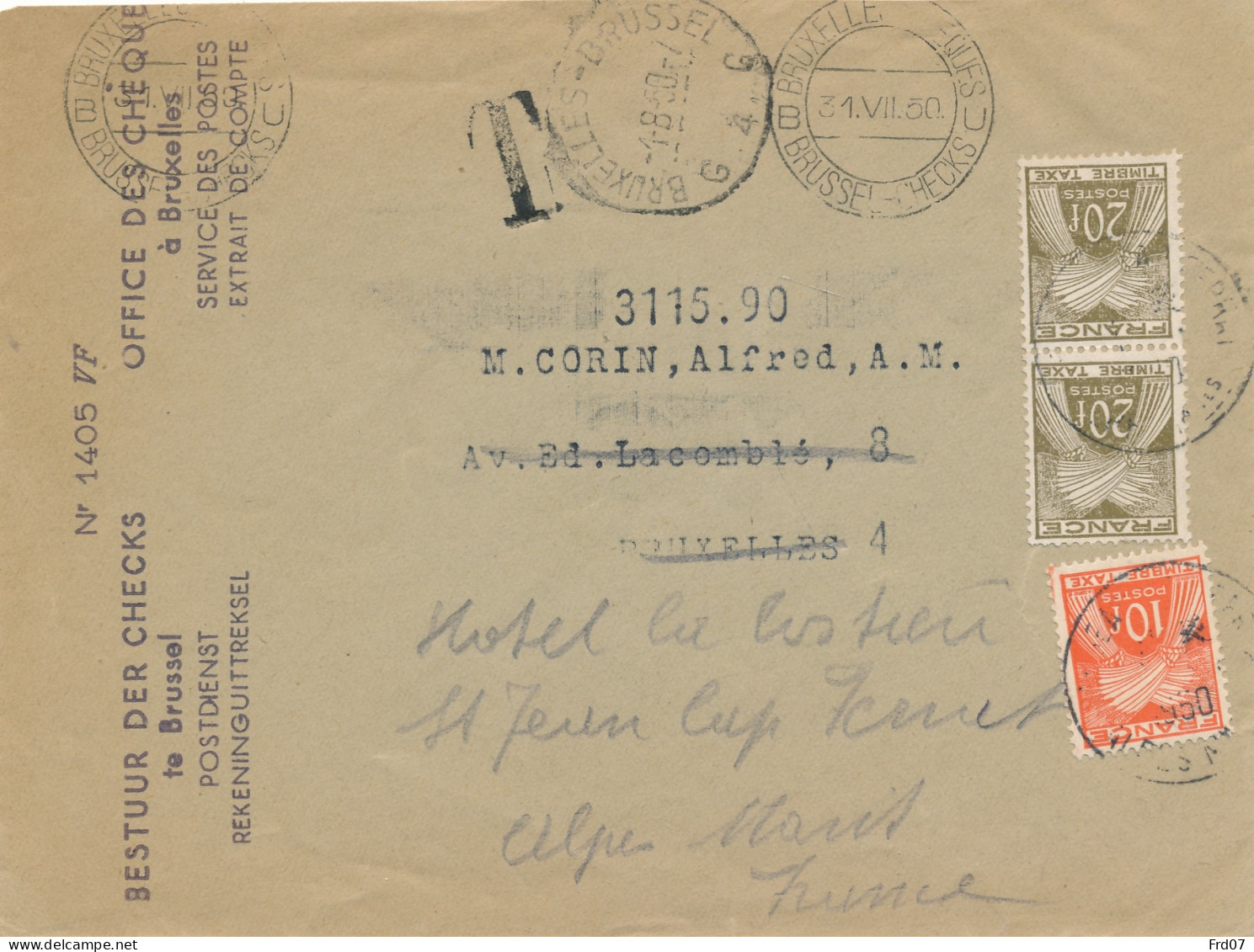 Enveloppe CCP Belge 1950 – Réexpédié Vers La France - St Jean Cap Ferrat – Taxée 50 Cent - 1859-1959 Cartas & Documentos